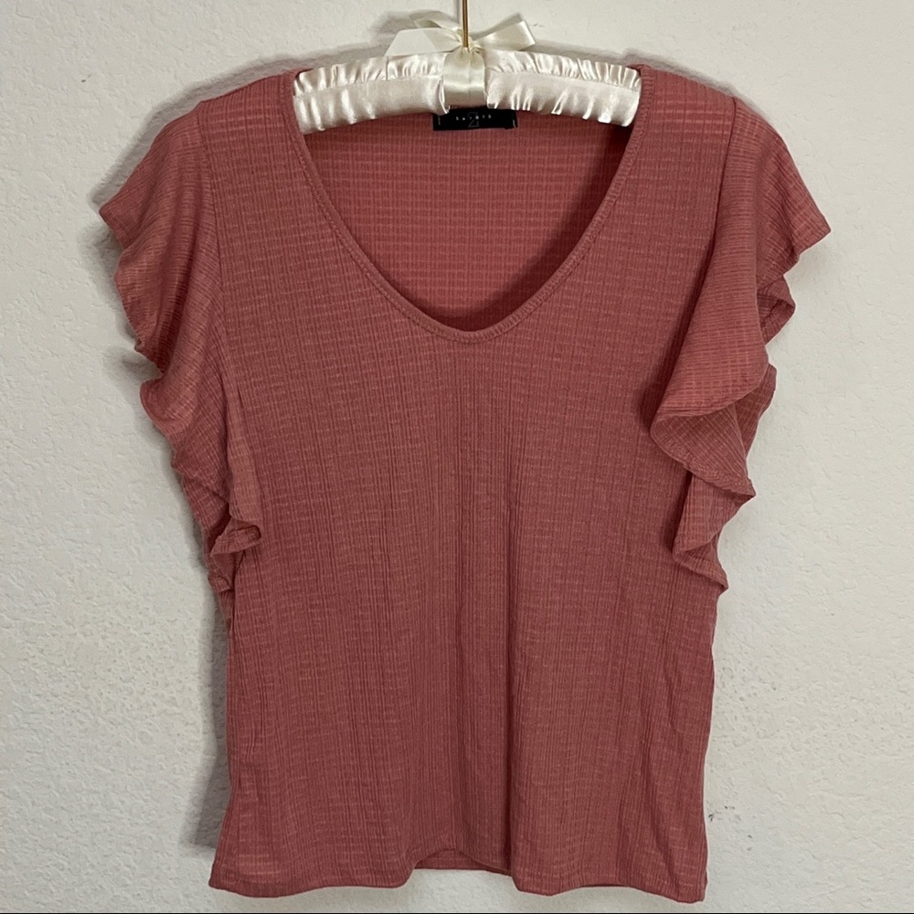 21 Saints Pink Flutter Sleeve Waffle Knit Blouse